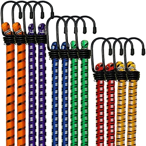 Xtremeauto Cables elásticos con ganchos resistentes, paquete de 12 cuerdas elásticas, resistentes a los rayos UV, correas elásticas dobles trenzadas para asegurar lonas, equipaje, tiendas de campaña