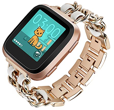 Metall Mit Leder Armbänder für Fitbit Sense 2/Versa 4 - Damen Edelstahl Ersatzarmband Kompatibel Mit Fitbit (F)
