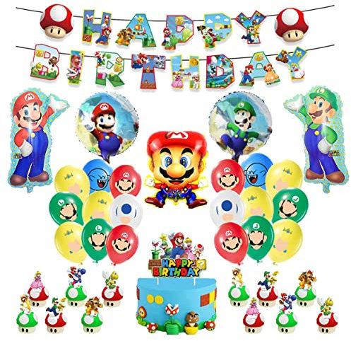 Super Brother Geburtstags Luftballon Deko Set Mario Folienballons für Kindergeburtstage Kuchendekorationen für Themenpartys