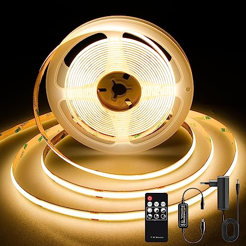 TTWAY Striscia LED COB 3M, LED Striscia 2700K con Alimentatore e Telecomando, DC24V, 480LEDs/M, CRI 90+, larghezza 8mm, Striscia LED 3 metri Bianco Caldo per la Decorazione della Camera da Letto