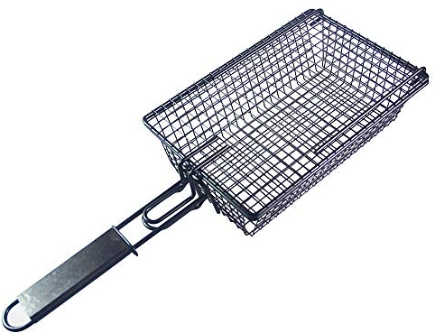 LAURAG Grillen Antihaft-Grillkorb mit Deckel Metall-Grillkorb mit faltbarem abnehmbarem Holzgriff-Grill-Grillwerkzeug für Fischgemüsesteak Fleischgarnelen