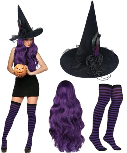 Booson Halloween-Hexenkostüm-Set, schwarz, spitzer Hexenhut, Dunkelviolett, Cosplay-Perücke und Nylon-gestreifte Strümpfe für Damen, Mädchen, Cosplay, Party, Kostümzubehör, 3-teilig, Violett,