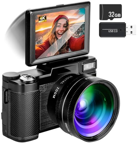 4K Digital Camera with Flip Screen and Wide-Angle/Macro Lens, 48MP HD Vlogging Camera for YouTube with 32GB SD Card - Compact Beginner Photography Cameras & Video Recording Device