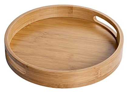 Eabdice Brun Plateau de Service en Bambou, Plateau Décoratif Rond, Plateau de Service Rond avec Poignées, Assiette en Bois, Utilisé pour les Collations, les Fruits, le Café