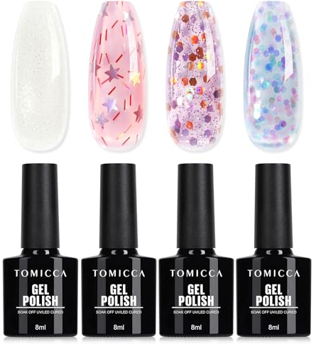 TOMICCA UV Nagellack Glitzer Set, 4 Farben Mondschein Weiß & Bunter Stern Pailletten Glitzer Gel Nagellack, UV Lampe Soak-Off UV/LED Schellack Nagellack, für Nagelstudio und DIY Maniküre zu Hause, 8ML