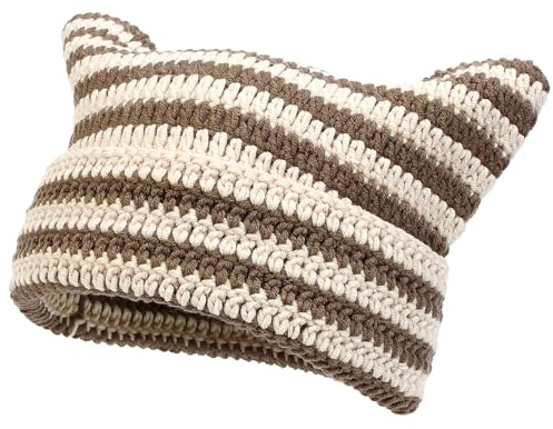 YAMEIZE Cat Ear Striped Knitted Mütze - für Damen Herren Trendy Warm Y2K Weich mit Cat Ear Striped Beanie Soft Strickmützen Winter Cap Girls Outdoor