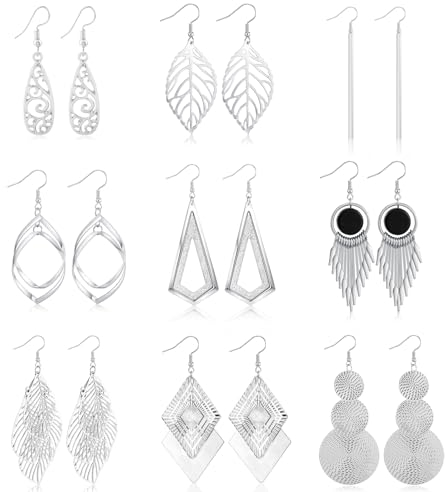 HIFOT 9 Paare Lange Ohrringe Damen Silber, Statement Ohrringe Hängend Dreieck Blatt Rund Creolen, Anhängerr für Ohrringe Geometrisch für Valentinstag-Geburtstags-Party-Geschenk