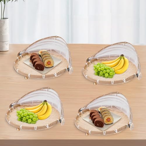 EurHomePlus Juego de 4 cestas de bambú para tienda de campaña con protección antimoscas, frutero para tienda de campaña, cesta de pan con tapa de malla, 30 cm, para comida, queso, tartas, cubiertas,