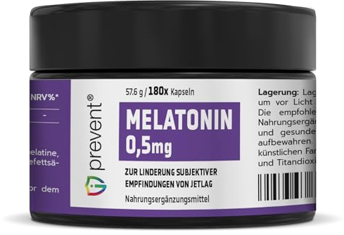 Iprevent - Melatonin 0,5 mg - 180 Kapseln - Laktose und gluten frei - 0,5mg pro kapseln - Nahrungsergänzungsmittel für Schlaf