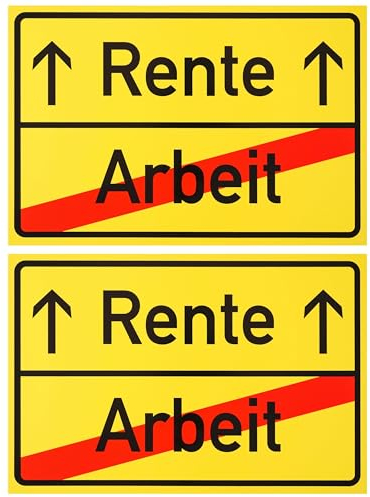 Start der Rente Schild, 2 Stück, 1 mm PVC, 30 x 20 cm, Scherzartikel für Rentner, Spaßschild mit Ortsschild Arbeit Rente, lustiges Hinweisschild für Ruhestand, Spaßartikel Geschenk Arbeitskollege Set