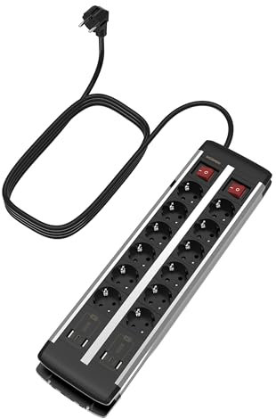 Regletas Enchufes 12 Tomas con 2 Interruptores, Carga rápida USB A y USB C de 20W, protección contra sobrecargas, Cable alargador de 2 Metros, ladron enchufes para Casa, Oficina, Sala de Reuniones