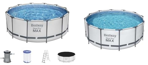 Bestway Steel Pro MAX Frame Pool Komplett-Set mit Filterpumpe Ø 366 x 122 cm, lichtgrau, rund & Flowclear™ Solarabdeckplane, Ø 356 cm, für runde 366 cm und 396 cm Aufstellpools, blau