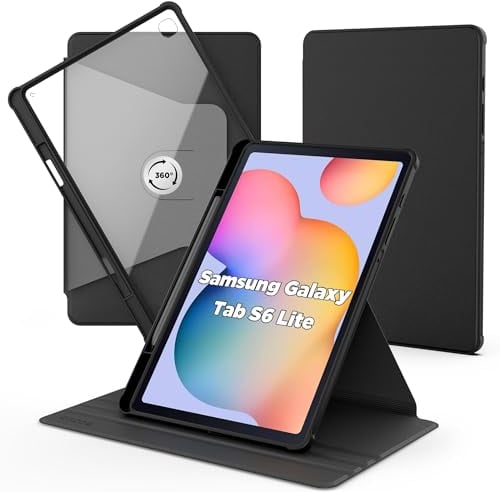 CACOE Case for Samsung Galaxy Tab S6 Lite 2024/2022/2020 10.4 inch, 360 Rotating Stand Shockproof Cover for Galaxy Tab S6 Lite (SM-P620N/ P625N/ P610N/ P613N/ P615N/ P619N), Black