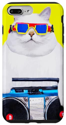 Hülle für iPhone 7 Plus/8 Plus dicker weißer Kater mit Ghettoblaster im 80er Look Musik