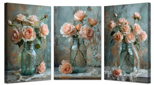 JOSUE 3 Pcs Quadri Moderni Con Fiori Pianta d'epoca Quadri Su Tela,Rosa, verde Quadro Decorazioni Camera Da Letto Ufficio Bagno-20x30cmx3 Incorniciato