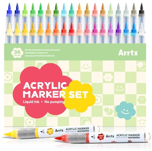 Arrtx Acrylic Markers 36 Colors, Brush Tip Acrylic Paint Markers Paint Pens Set for Rock Painting Glass Stone Wood