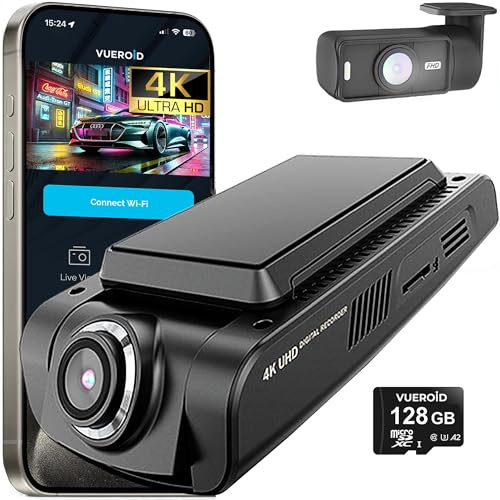 Vueroid D21 4K 2CH Dashcam, Dual-Kanal-Überwachung, Ultra-HD-Frontkamera, 128GB HDR WiFi Time Lapse Dual Cam GPS Night Vision