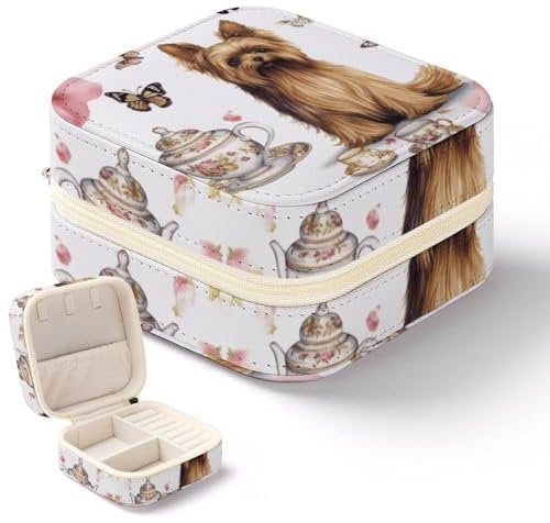 GFLFMXZW Yorkshire Terrier Tea Party Butterflies Roses Jewelry Box Leather Jewelry Case for Women Travel Mini Jewelry Organizer Boxes Display Storage Case to Store Rings, Necklaces, Earrings
