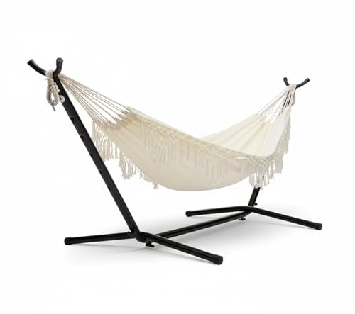 Hamaca con Soporte – Hamaca de Jardín de Lujo con Marco de Acero Resistente – Cómoda, Portátil y Ajustable – Tela Duradera – para Jardín, Patio y Exterior – 200x150 cm – De Campingwise