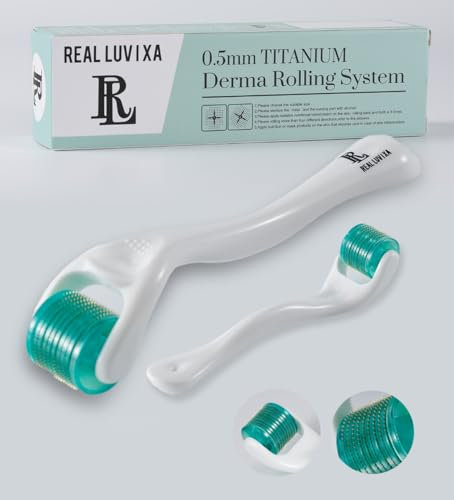 Derma Roller 0,5 mm, 540 aiguilles en acier de 0,5 mm, REAL LUVIXA rouleau à barbe, rouleau à micro-aiguille pour la peau et les cheveux, utilisation pour hommes et femmes (Vert - Blanc - Titan)