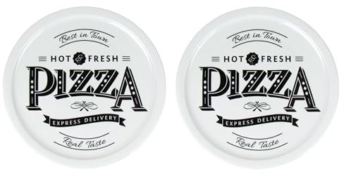 Lentz Piatto per pizza Ø 31 cm in porcellana con scritta retrò pizza – a scelta con tagliapizza (set da 2)