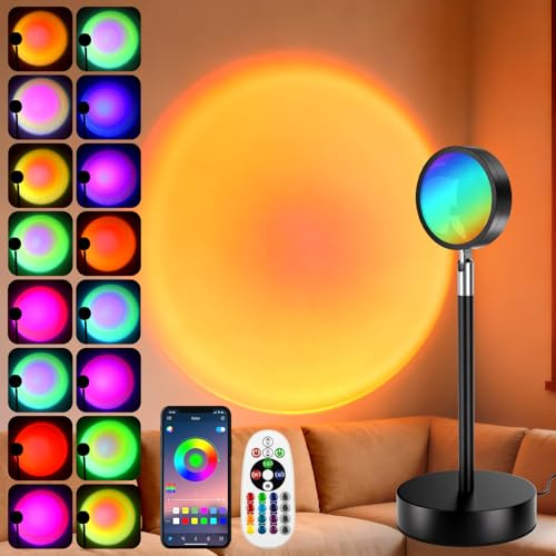 Defvnsy LED Sunset Lamp mit App-Steuerung & Fernbedienung | 270° Drehbar, 16 Farben, 12 Modi, Musik-Sync, Dimmbar, Timer, 1.5m USB Kabel für Schlafzimmer Fotografie Zimmer Asthetik Deko