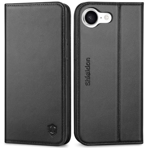SHIELDON Hülle für iPhone 16e 5G, Handyhülle [Echtleder] [Kartenfach] [Standfunktion] [RFID Blocker] Stoßfest Magnet Schutzhülle Lederhülle Kompatibel mit iPhone 16e 2025 6,1 - Schwarz