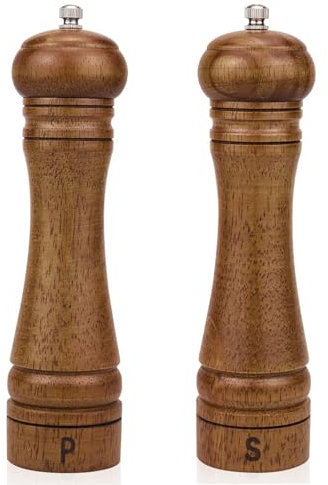 Wooden Salt and Pepper Grinder Set, 2Pcs 8 Inch Updated Manual Wooden Pepper Shaker Set with Ceramic Core, Wood Salt and Pepper Shakers