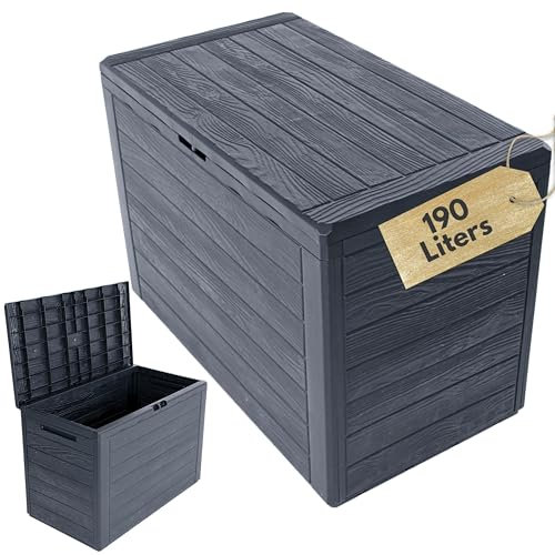 NOVECRAFTO Plastic Garden Storage Box 190L With Lid - Waterproof Outdoor Storage Box 17x30x21in (44x78x55cm) - Weather Resistant Spacious Chest with Woodgrain Pattern - Anthracite Grey Color