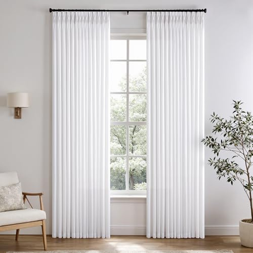 Weiße Plissee-Vorhänge aus Leinen, 213 cm lang, Memory-Form, Plissee-Vorhänge, Wohnzimmer, Schlafzimmer, natürlich strukturiert, dick, halbtransparent, Sichtschutz, Landhaus-Lichtfiltervorhang, 213 cm