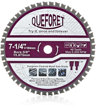 QUEFORET 184mm Lame Scie Circulaire - Disque à Coupe Métal, 15,875mm Alésage pour Fer Acier Metal Ferreux Plaque/Tube/Barre, 48 Dents