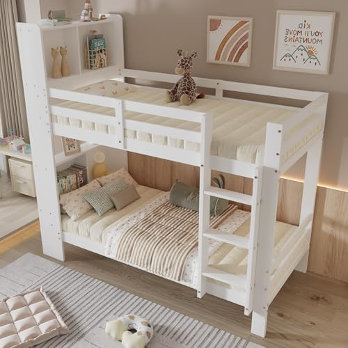 Oxtao Etagenbett 90x200 cm, Hochbett mit Regalen und Leiter, Kinderbett mit Lattenrost und Rausfallschutz, Bett für 2 Kinder, Hausbett aus Massivholz, Weiß, Ohne Matratze