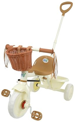 MoVe Girls 53cm Trike with Basket & Tassels | Kids Front Pedal Tricycle with Rear Bucket | Retro Cream & Brown Adjustable Handlebars with Parental Steering Handle
