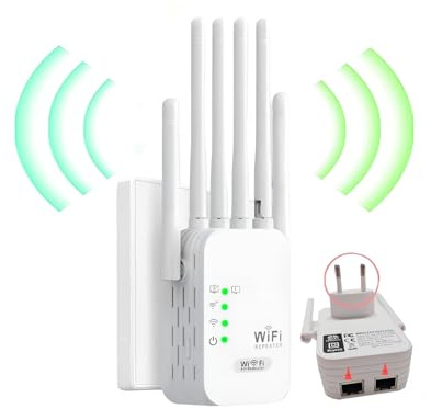 Ripetitore WiFi, Amplificatore WiFi, 6 Potenti Antenne Esterne Copertura Fino a 10,000 ㎡, 2 Portes LAN/modalità router/AP., Adatto per in e famiglia ufficio utilizzare (Bianco)