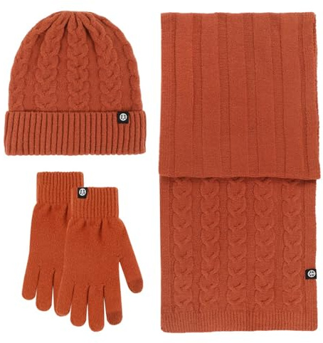 Schal Und Mütze Handschuhe Set Damen Winddicht Kältedicht Strick-Set Dreiteilige Gestrickte Schlicht Leichte Baumwollschal Trendig Klassisch Strickhandschuhe Modisch Warme Wintermütze Orange One Size