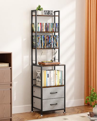PAPAGIFTREE CD Rack and Storage with Two Drawers, 7-Tier DVD Shelf and Rack, CD Storage Tower and Holder for DVDs, Books and Media Games, Movie Collection and Decor, Ideal for Living Room, Home
