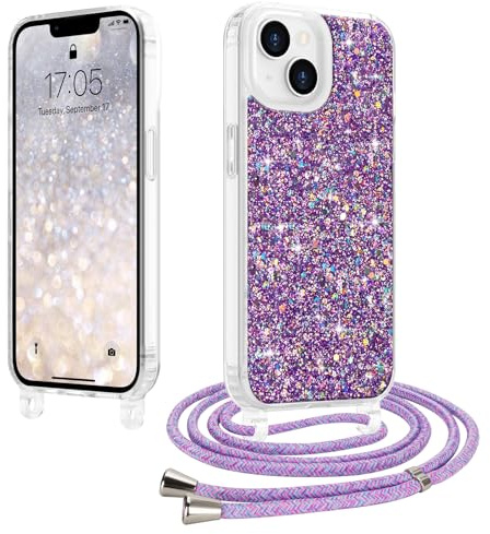 LCHULLE Crossbody Lanyard Case for iPhone 14/13 with Strap, Purple | Adjustable Removable Neck Strap, Sparkle Glitter Phone Cover for Women, Clear TPU Bumper, Shockproof Drop Protection