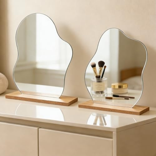 2 Stück Acryl Schminkspiegel Rahmenlose, Aesthetic Spiegel, Unregelmäßige Form Spiegel zum Hinstellen, mit Holzsockel, Dekorative, für Bad, Büro, Schlafzimmer, Wohnzimmer, Hotels Deko Aesthetic