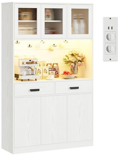 IRONCK Armoire de Cuisine Haute avec éclairage LED et Prise de Courant, Ports de Charge USB, Plan de Travail, 2 tiroirs, Portes magnétiques, Buffet, pour café, Cuisine, Salon, Salle à Manger, 180 x