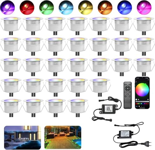 INDARUN WiFi Bodenleuchte, Einbaustrahler, RGBW, wasserdicht IP67, Ø 45 mm – Beleuchtung für Terrasse, Terrasse, Weg, Wand, Garten, Dekoration, Innen und Außen (30 Stück)