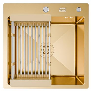 ANW HOME Küchenspüle Edelstahl, Spülbecken Küche 50x50 cm, Einbauspüle 1 Becken, Gold PVD, ohne Abtropffläche, Tiefe 22 cm, Stärke 3.0+1 mm, Nano-Beschichtung, mit Siphon, Seifenspender und Korb