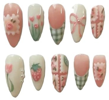30pcs Music Notes Vine Pink French Style Cat's Eye False Nails Bows Polka Dot Designs Press On Nail Manicure Decorations(Y4)