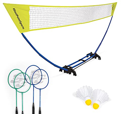 EastPoint Sports Unisex-Erwachsene, Weiß Easy Setup Badminton-Set für 4 Spieler, 4,5 m Netz, gelb/blau