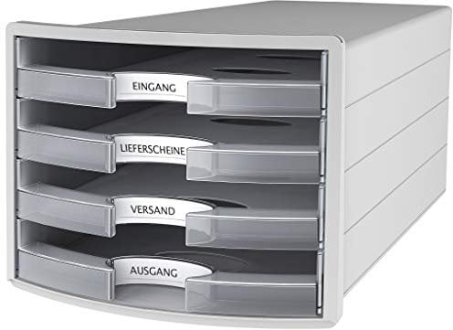 HAN Schubladenbox IMPULS 2.0 mit 4 offenen Schubladen für DIN A4/C4 inkl. Beschriftungsschilder, Auszugsperre, möbelschonende Gummifüße, premium Qualität, 1013-63, lichtgrau/transluzent-klar