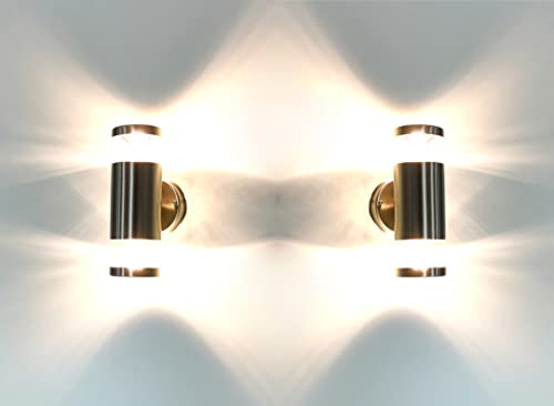 Trango 2er Pack 8003-HP Up & Down Wandlampe IP44 inkl. je 2x 3000K warmweiß GU10 LED Leuchtmittel - Wandstrahler aus Edelstahl gebürstet in Rund als innen & außen, Außenwandleuchte, Außenstrahler