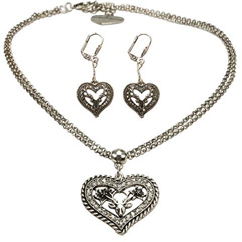 Alpenflüstern Trachtenschmuck-Set Trachten-Halskette und Ohrstecker Strassherz Hirsch - Damen-Trachten-Schmuck, Trachtenset Trachtenkette und Trachten-Ohrringe antik-Silber-Farben SET041