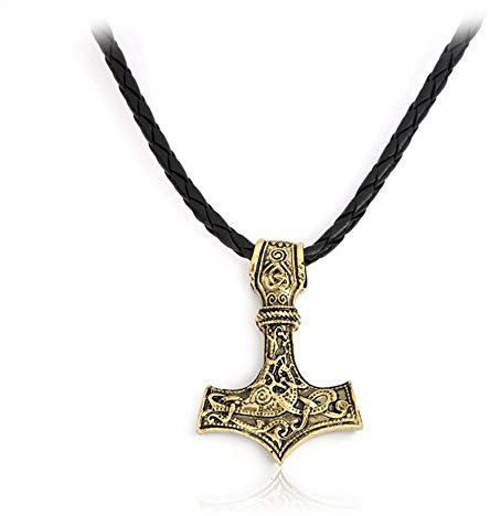 AILUOR Men Viking Leather Norse Thor's Hammer Mjolnir Celtic Knot Pendant Necklace Jewelry Scandinavian (Gold)