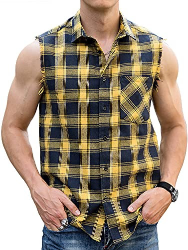 LOGEEYAR Chemise sans manches en flanelle à carreaux pour homme - Jaune - Taille S