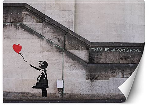 Feeby Fototapete XXL Banksy Wandmalerei 400x280 cm Grau Vliestapete Moderne Design Wandtapete Küche Flur Wohnzimmer Büro Badezimmer Kinderzimmer Mädchen Mit Ballon