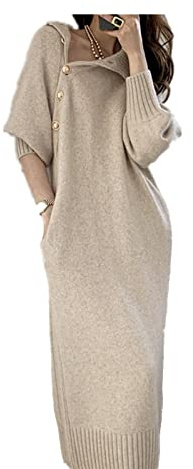 Femme Longues Manches Robe Pull Ceinturé Élégant Robes Dames Décontracté À Manches Longues Robe De Soirée Chaude Hiver Col Roulé Lâche Robe Longue en Tricot, Kaki, XL